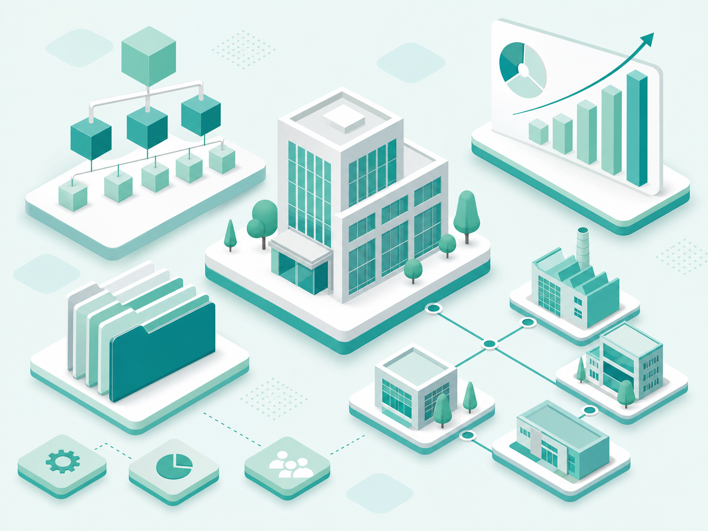Isometric illustration of holding company structure with interconnected subsidiaries, portfolio folders, and growth charts