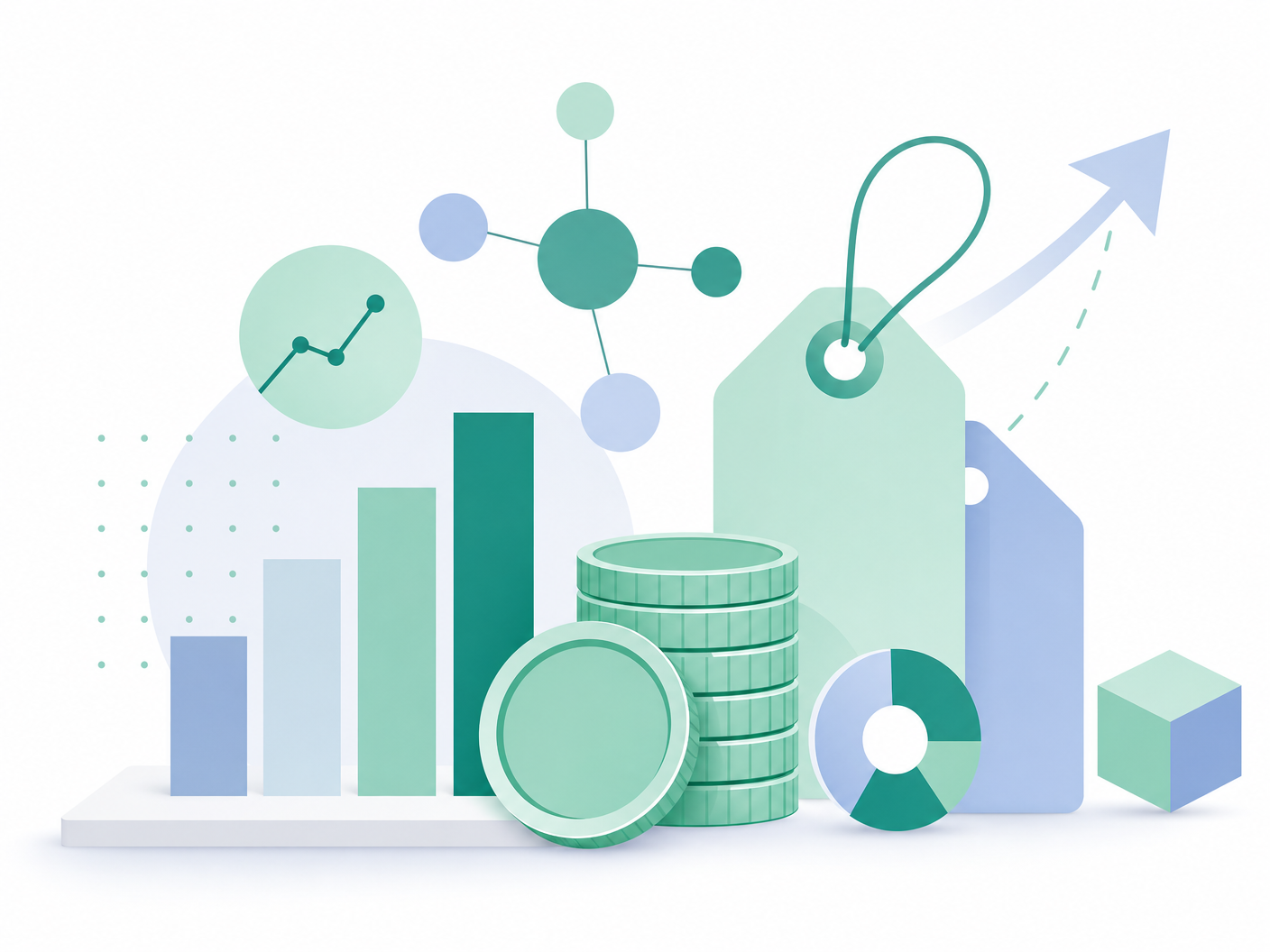 Flat illustration of business pricing, value, and financial metrics